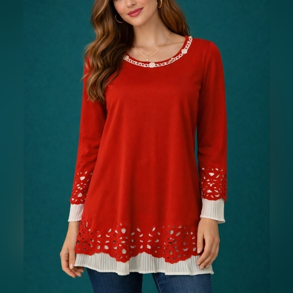 3/$30 Red Floral Cutout Chain Pearl Long Sleeve Christmas Tunic